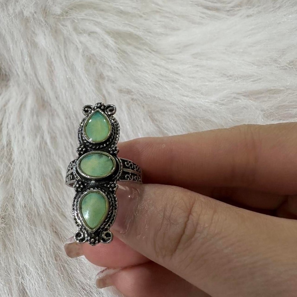 Boho Silver Tone Triple Stone Long Face Statement Ring size 9